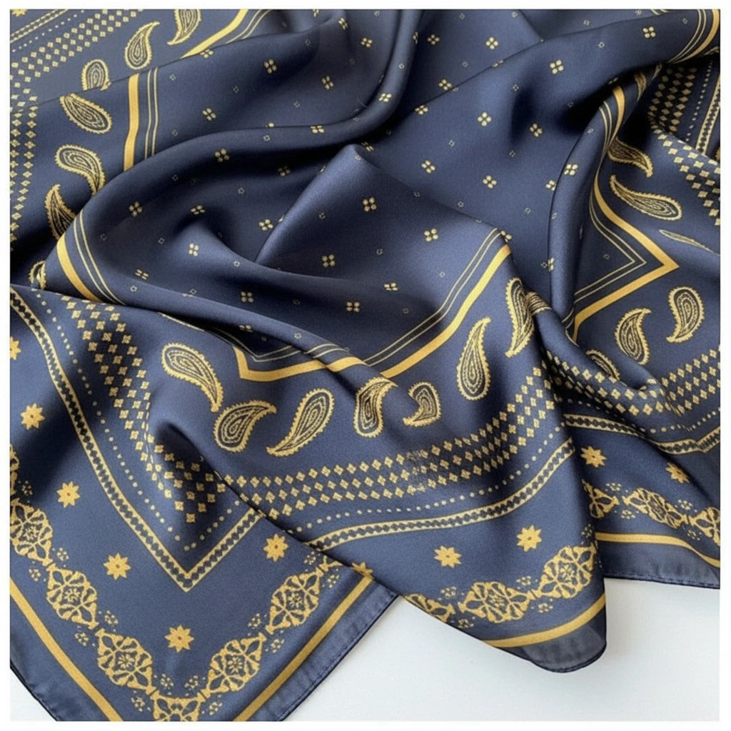 MiRA mönstrad scarf i marinblått och guld med paisley-detaljer i mjukt polyestermaterial.
