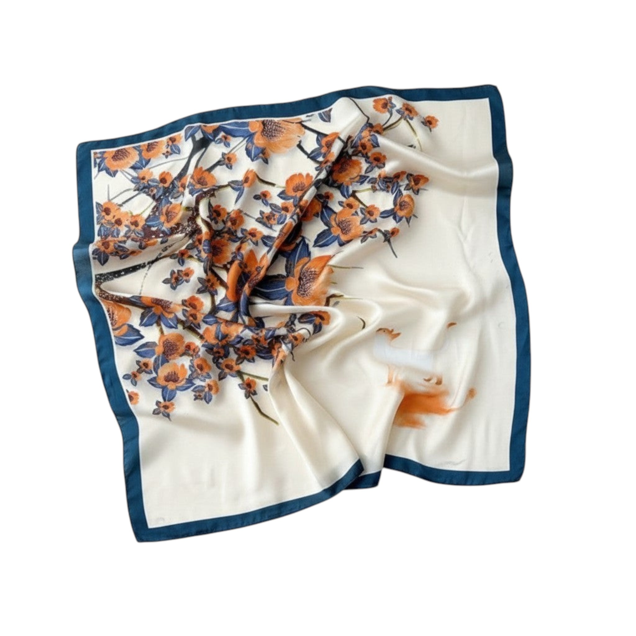 MiRA mönstrad scarf i polyester med blommigt bambumotiv i orange och blått på vit botten med mörkblå kant.