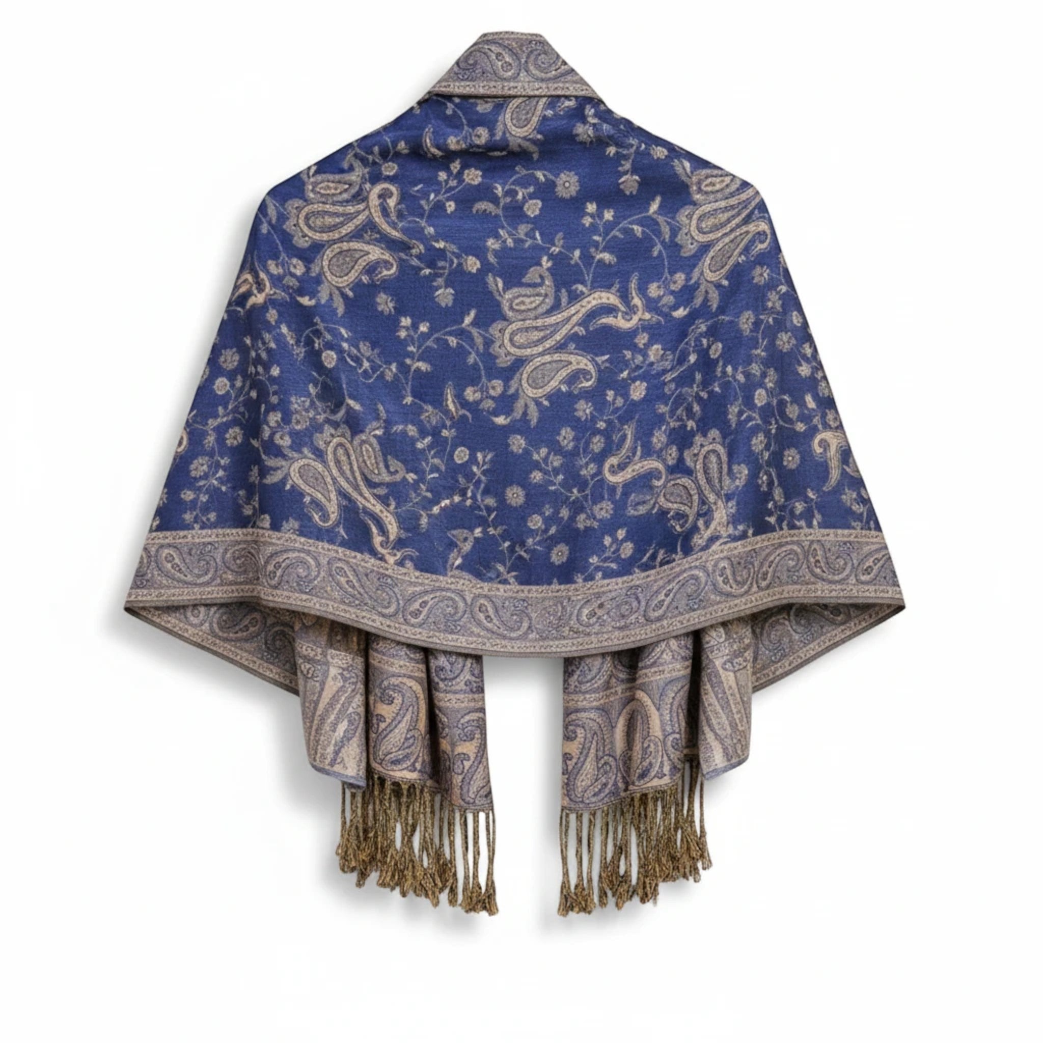 MiRA mönstrad sjal i blått och guld med paisley-mönster, fransar och mjukt kashmir-material.