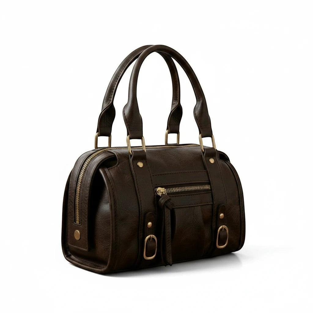 MiRA mörkbrun handväska i läderimitation med guldfärgade metalldetaljer och robusta handtag för en elegant stil.