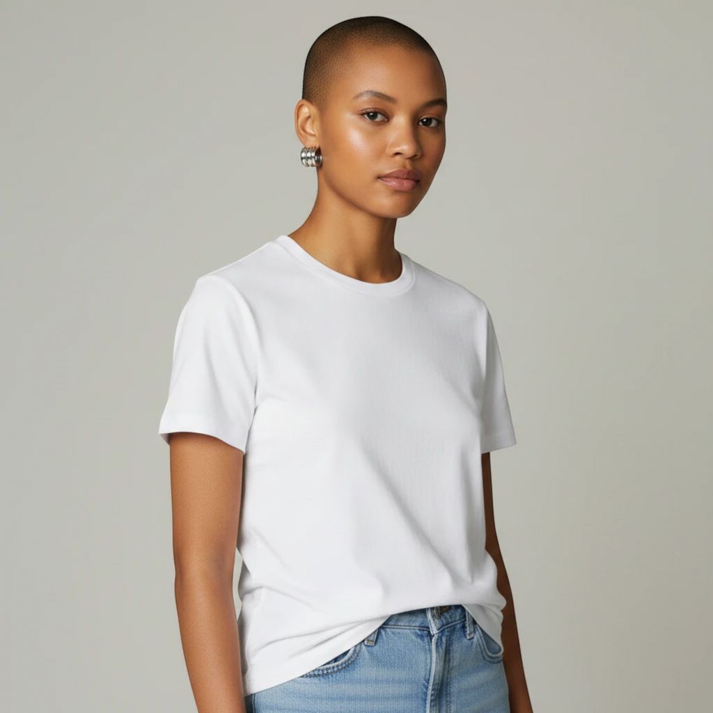 MiRA örhängen i rostfritt stål med tre sammanlänkade rundade band burna av en kvinna i vit t-shirt