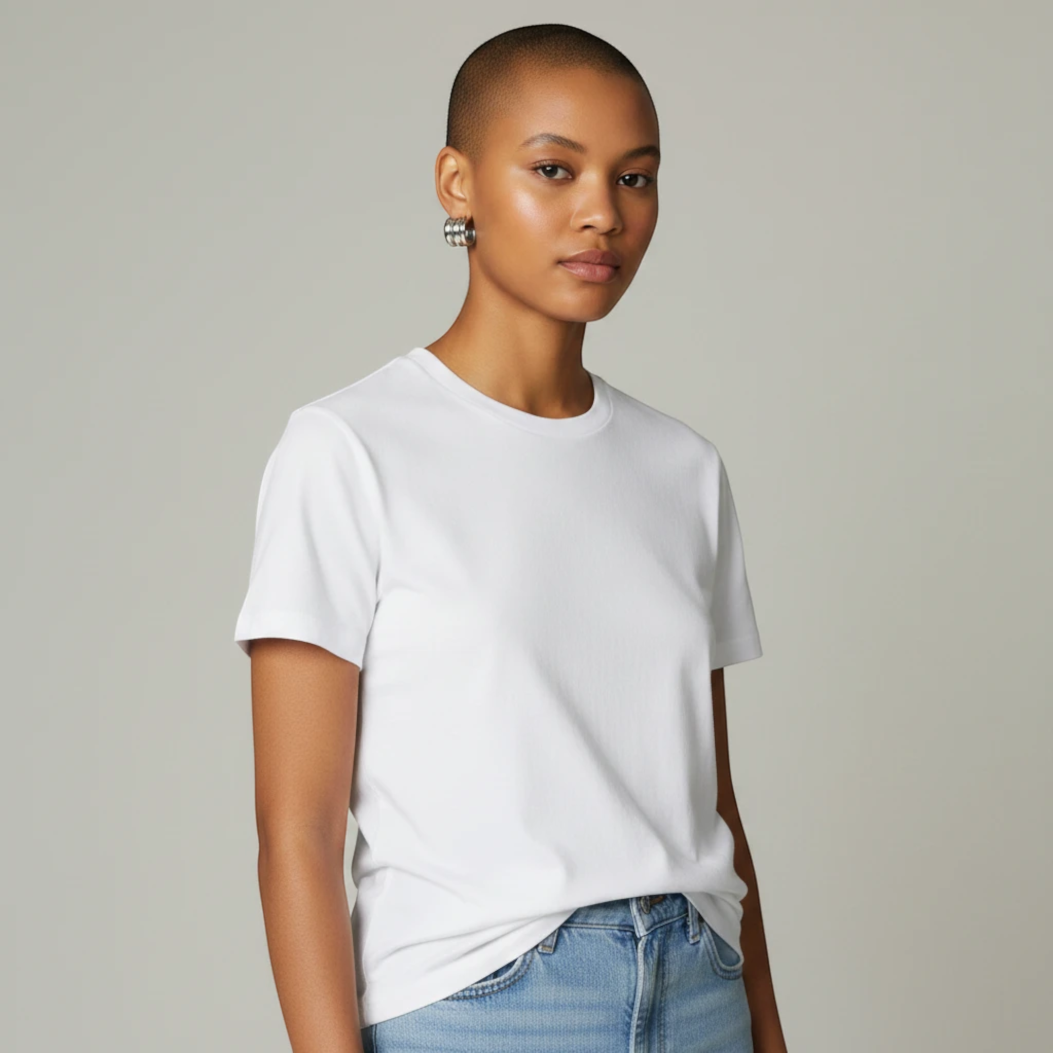 MiRA örhängen i rostfritt stål med tre sammanlänkade rundade band burna av en kvinna i vit t-shirt
