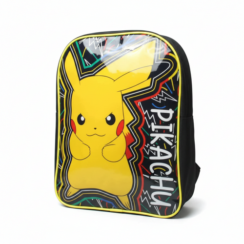 MiRA barnryggsäck i svart med Pikachu-motiv i gult, perfekt för skola och utflykter med slitstark design.