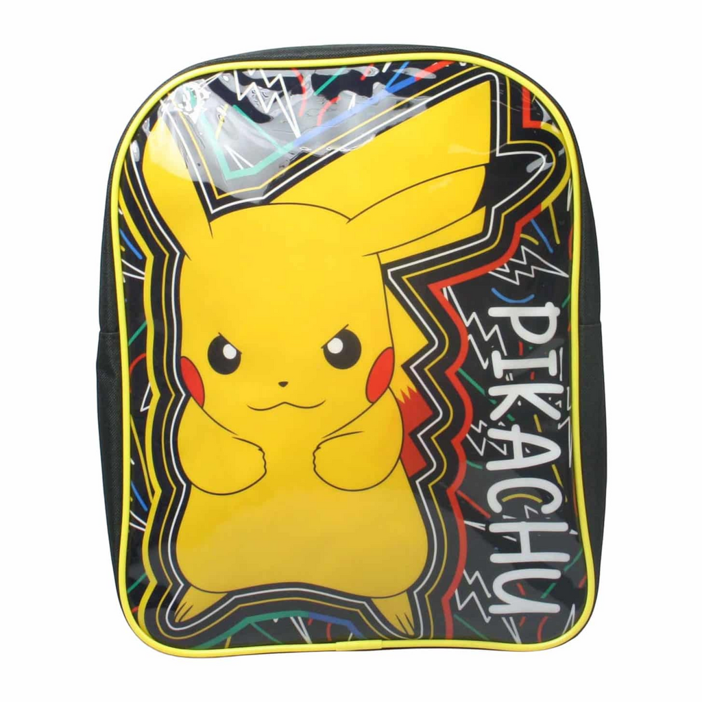 MiRA barnryggsäck i svart med ett stort gult Pikachu-motiv och färgglada detaljer för skola och utflykter