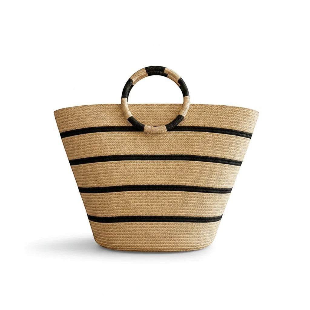 MiRA strandväska i beige och svart med ränder och runda handtag, 38x28 cm