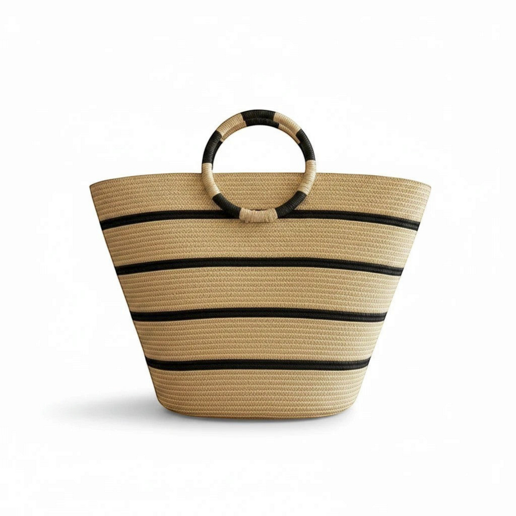 MiRA strandväska i beige och svart med ränder och runda handtag, 38x28 cm