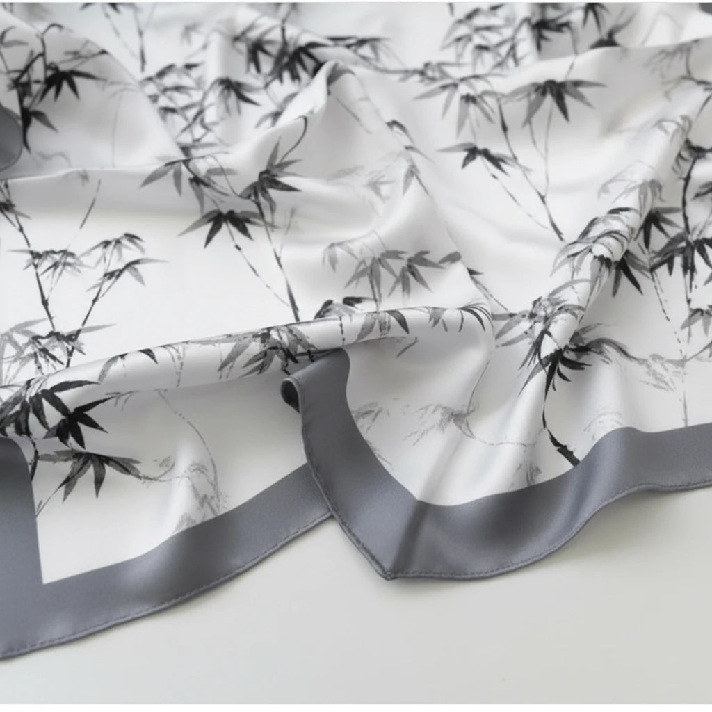 MiRA scarf i mjuk polyester med vitt och svart bambumönster och grå kantdetalj i sidenliknande material.