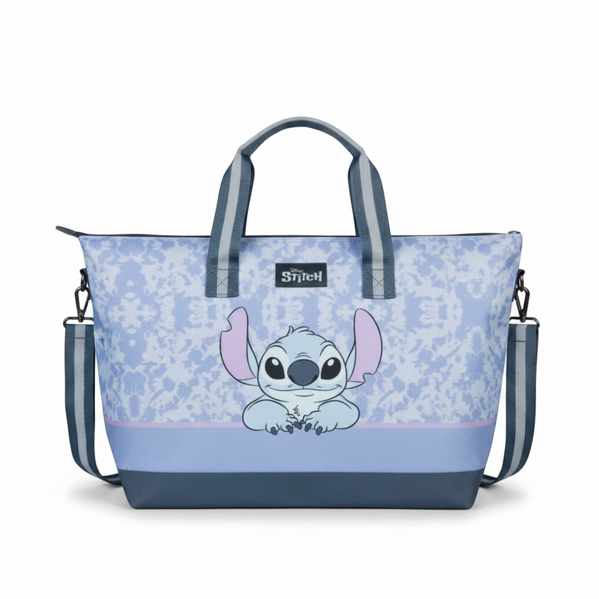 MiRA rymlig axelremsväska för barn i blå polyester med Stitch-motiv, randiga handtag och justerbar axelrem.