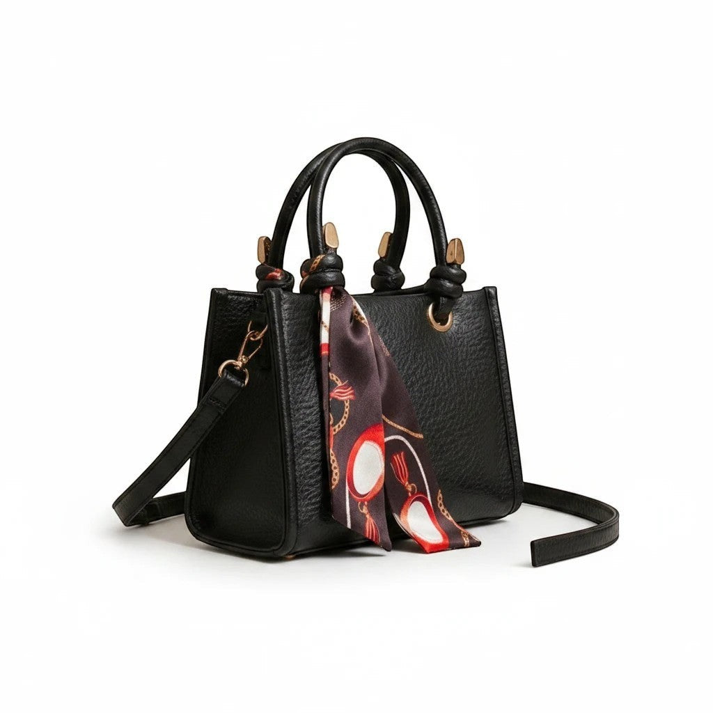 MiRA svart crossbody-väska i veganskt läder med handtag, axelrem och en dekorativ mönstrad scarf.