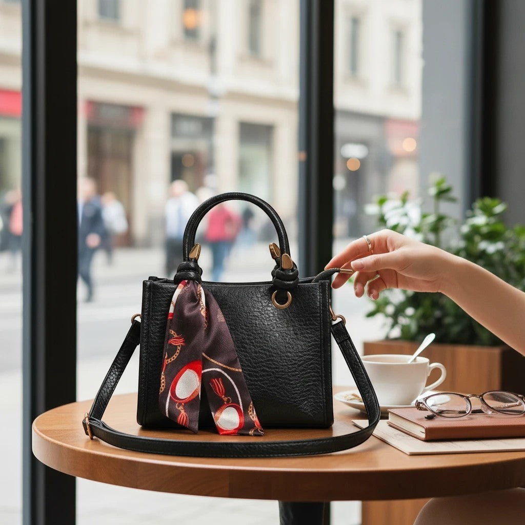 MiRA svart crossbody-väska i veganskt läder med handtag, axelrem och dekorativ mönstrad scarf på ett cafébord.