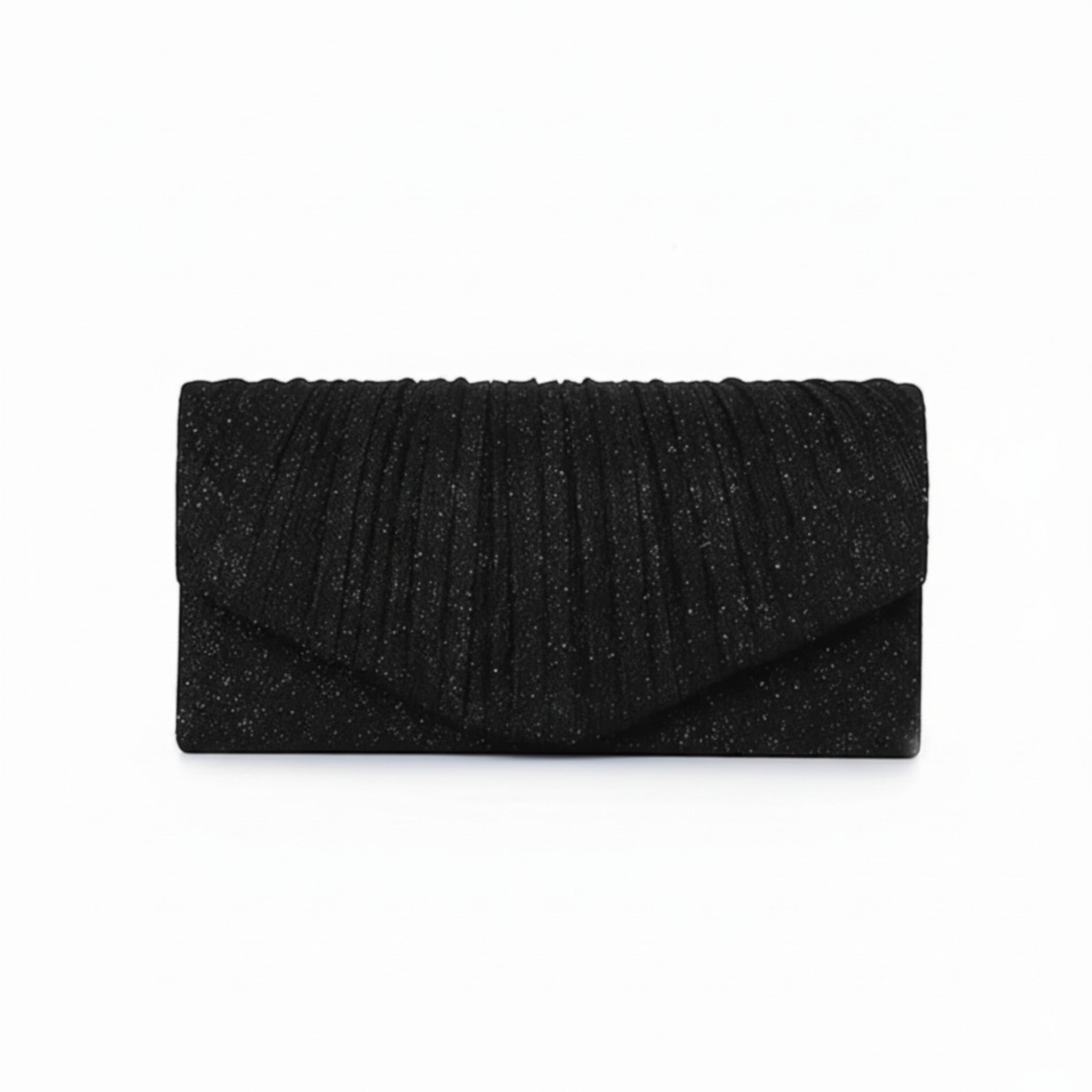 MiRA kuvertväska i svart glittrigt material med elegant veckad textur, perfekt för festliga tillfällen.