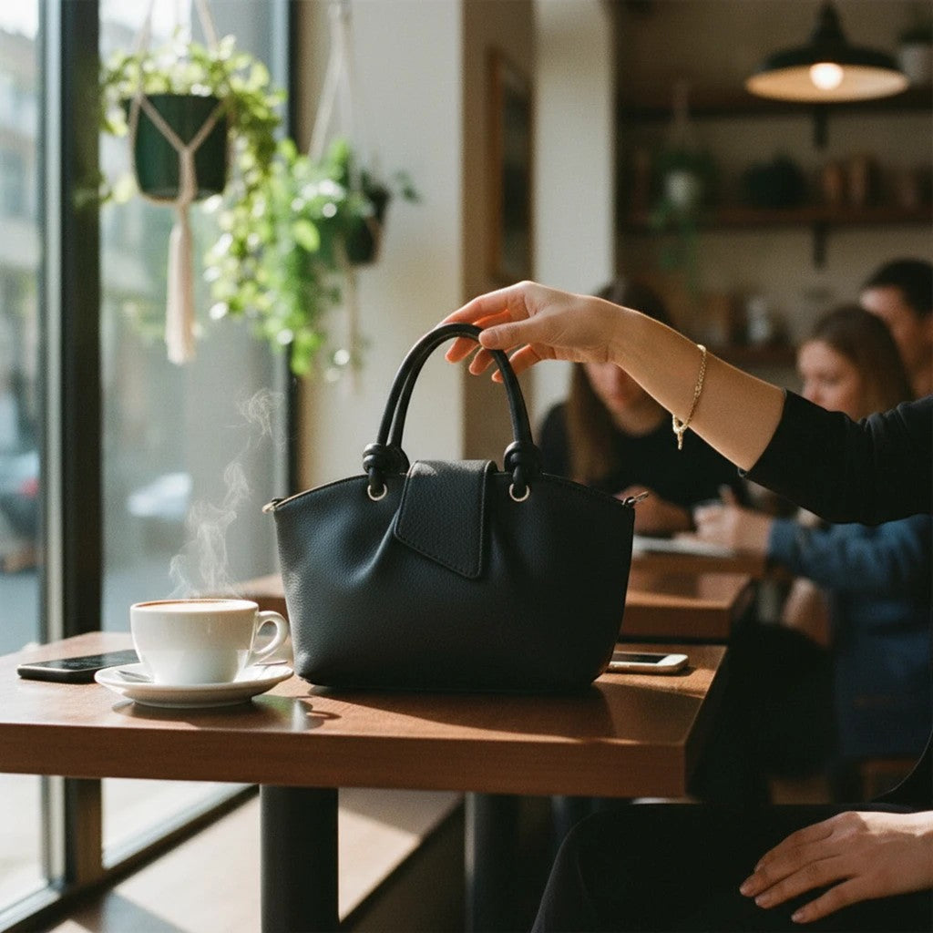 MiRA handväska i svart veganskt läder med dekorativa knutdetaljer på handtagen, placerad på ett cafébord.