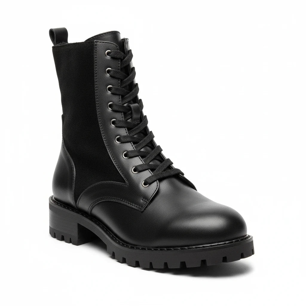 Svarta MiRA ankelboots i konstläder med snörning, dragkedja och 5 cm klack för en modern vardagslook.