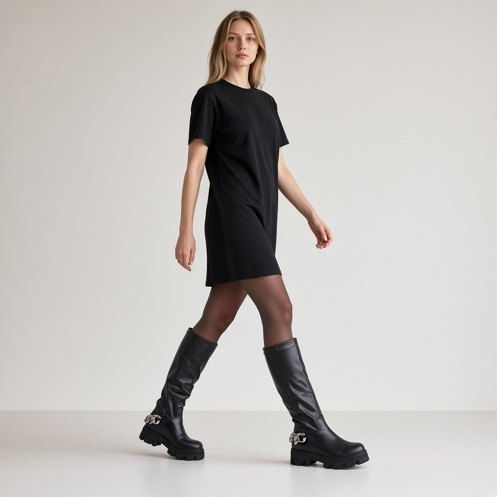 MiRA svarta höga stövlar i konstläder med rundad tå, dekorativ kedja och grov sula, burna av en modell i svart klänning