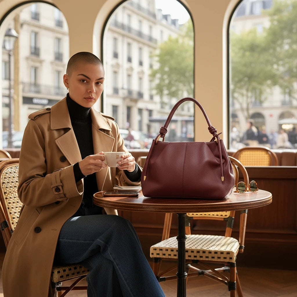 MiRA vinröd axelremsväska i veganskt läder med knutdetalj på remmen, buren av en kvinna på ett café i Paris.