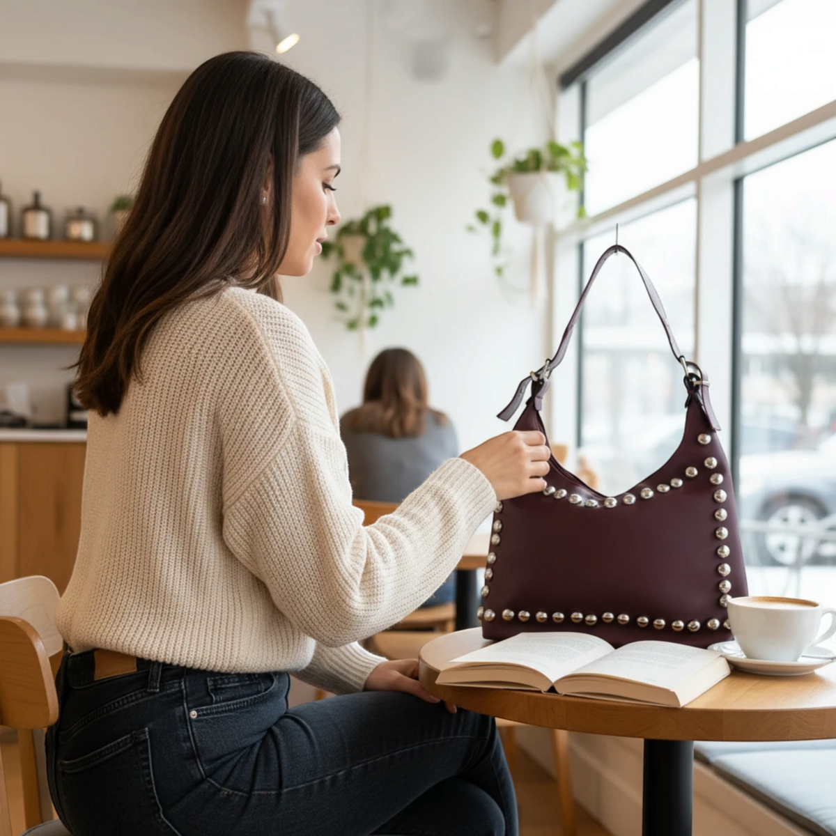 Kvinna i café håller en vinröd MiRA axelremsväska i veganskt läder med dekorativa silvernitar.