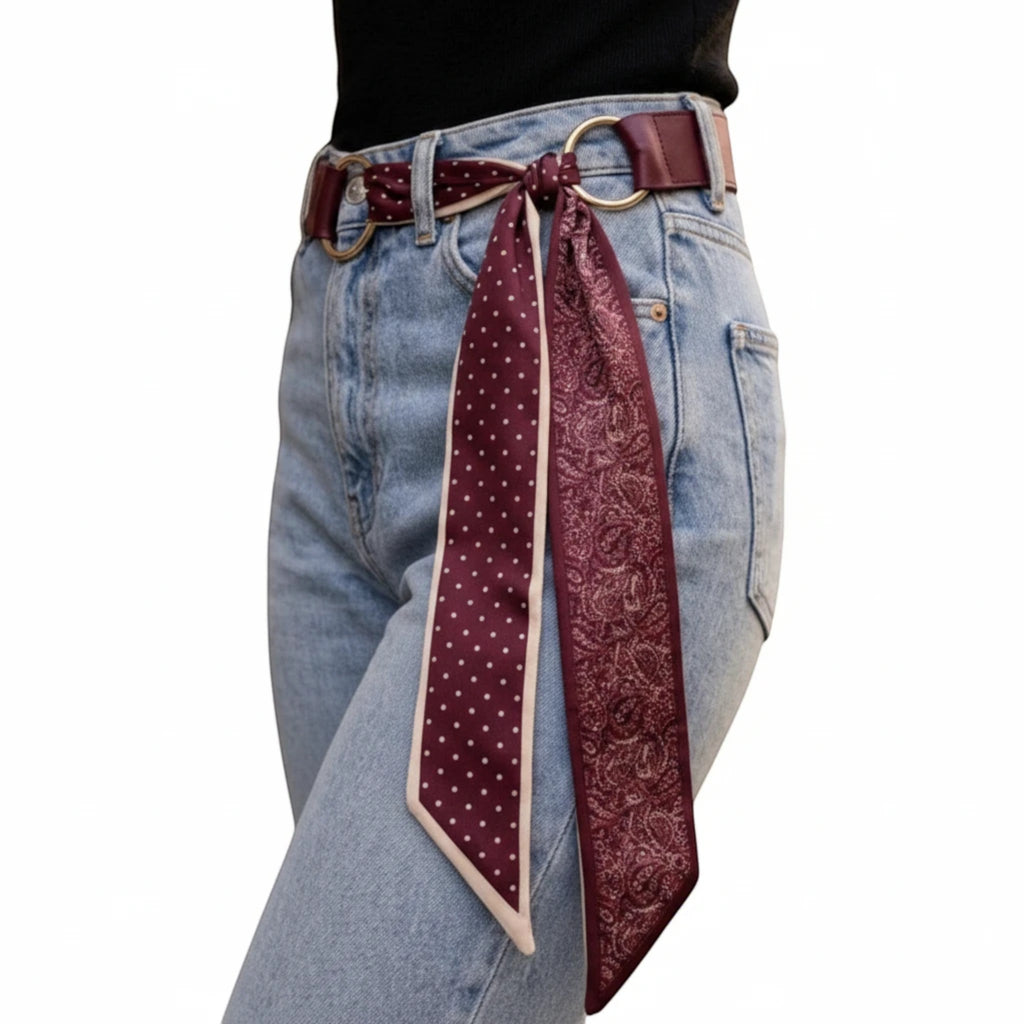 MiRA vinrött scarf-bälte i veganskt läder och polyester med mönstrade band och silverfärgat runt spänne.